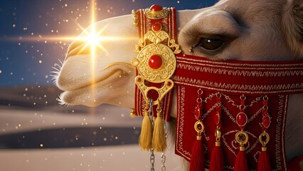 Decorated Camel Head with Gold Epiphany Regalia in Desert Night