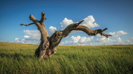 Fototapeta premium Gnarled old tree in a grassy field under blue sky with clouds. Nature and landscape, concept. Growth and resilience. The concept of aging and survival.