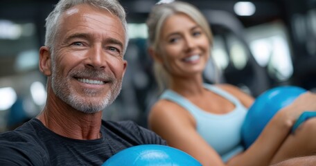 a middle-aged man and woman are performing an advanced abdominal exercise using small medicine balls in the gym