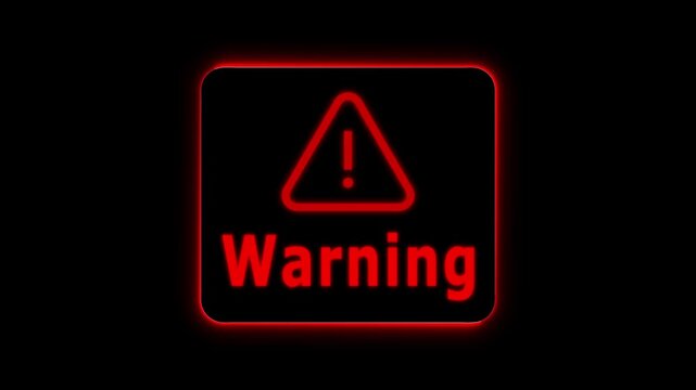 Glowing neon bordered square with exclamation mark warning symbol and Warning Text danger fraud.