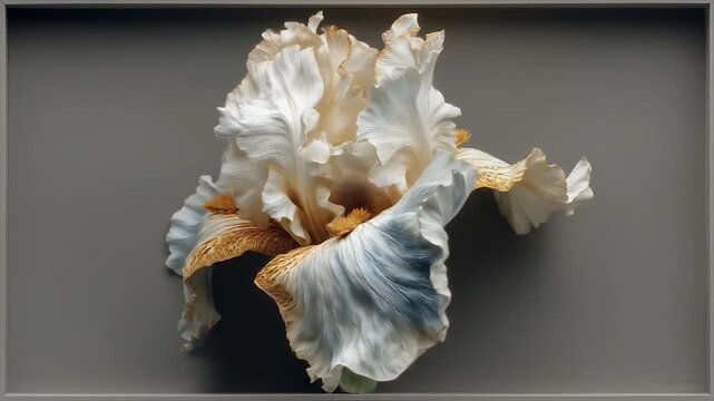 Close up of a white iris flower with detailed petals and subtle textures