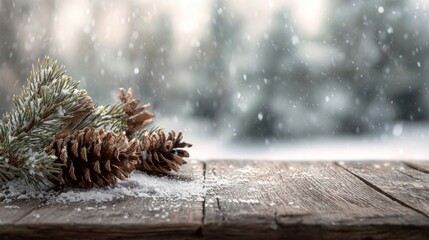 Fir Branches and Frosty Pinecones on Snowy Wooden Table with Wintry Blizzard Background
