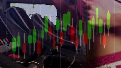 Woman on treadmill plugging earphones and starting run, candlestick chart tracking fitness data - Powered by Adobe