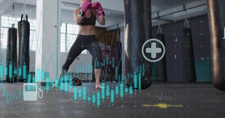 Female boxer stepping forward, kicking and punching while teal graphs and icons overlaying training - Powered by Adobe