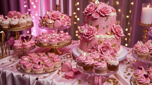 Luxury pink cake table centerpiece with beautiful roses, macarons, and golden confetti details.