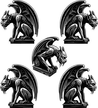 Gothic Gargoyle Statue Silhouette Vector Set