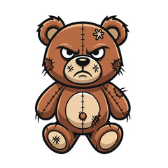 An angry teddy bear mascot with a tough expression and visible torn stitching is presented as a menacing flat 2D illustration isolated on a clean white background.