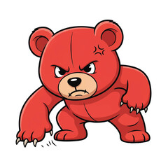 This aggressive flat 2D teddy bear mascot vector illustration is fiercely scraping the ground in a crouched position, vividly ready to rush forward on a bright, isolated white background.