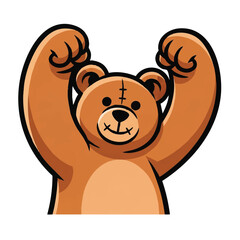This bold 2D flat teddy bear mascot stands ready to strike with both arms raised high against a plain white studio background, showcasing a powerful and determined character.