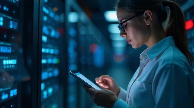 Video Woman working in a server room checks her phone for messages or updates