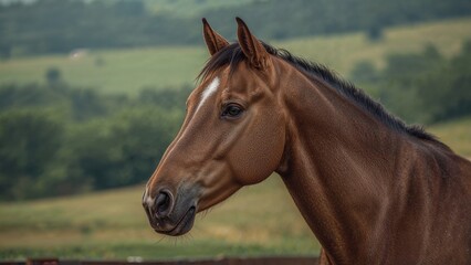 A horse's head in profile with a natural green landscape background.