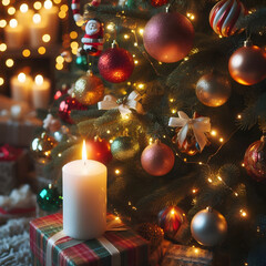 the holiday tree illuminated by a single candle