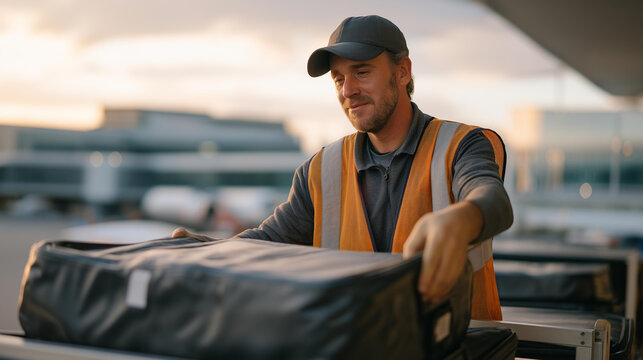 An airport baggage handler organizing oversized luggage in the pickup zone, scanning tags to ensure passengers retrieve the correct items &mdash; aviation logistics and traveler support. cinematic color