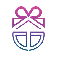 Pink and purple bow with abstract shapes below on white background