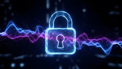 Glowing neon padlock icon with digital waveform