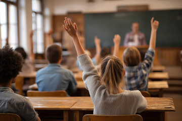 Group of students raising their hands in class, with one student showing his hand to the teacher