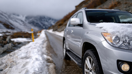 This image showcases a silver SUV parked beside a snow-covered road in a stunning mountainous landscape, emphasizing winter's beauty and exploration potential.