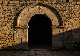 Golden Hour Stone Arch Entrance in Ancient Wall And Quiet Shadowed Doorway Beneath Weathered Masonry