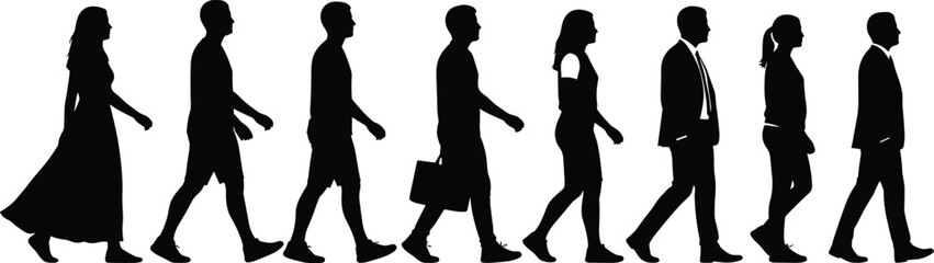 Silhouettes of eight people walking in sequence, black figures showing life stages, fashion evolution and societal role illustration