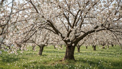 Fototapeta premium Spring orchard with blossoming cherry trees in full bloom, lush green grass, and fallen petals, capturing the beauty of nature.