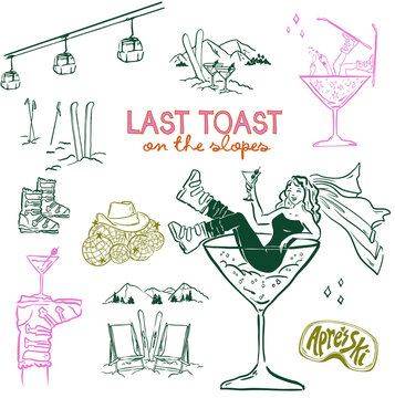 Set of hand drawn Ski Bachelorette Party doodle icons, Apres Ski Girls Weekend illustrations for party invitations, stationery and web icons