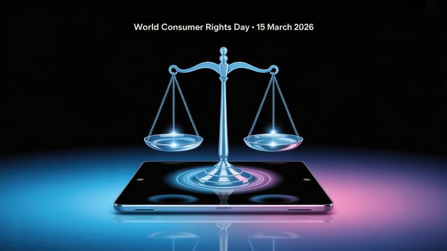 Scales of justice on digital tablet for consumer rights day