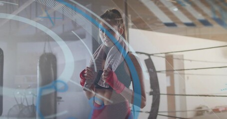 Female boxer gripping towel as camera moving closer and blue overlay sweeping, preparing next set