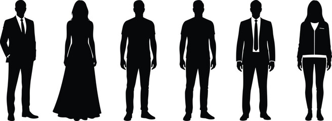 Silhouettes of six people in formal and casual attire, black figures showing fashion contrast and gender representation illustration