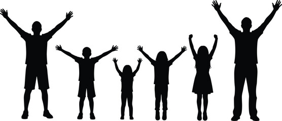 Silhouettes of six people with raised arms, black figures showing unity and joy, family or group celebration illustration