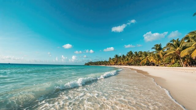 Tropical beach scene with clear turquoise water, white sandy shore, and lush palm trees under a blue sky with clouds. - Powered by Adobe
