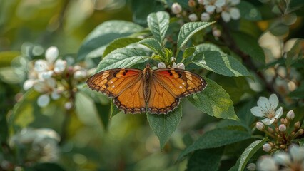 Butterfly resting on leaves with white flowers, labeled 1834.