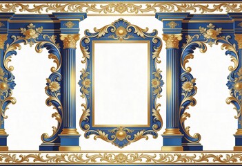 Luxurious Classical Decorative Frame with Gold and Blue Rococo Accents Isolated on White