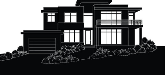 Contemporary Modern House Vector Silhouette with Flat Roofs, Large Balcony, Integrated Garage, and Clean Lines, Ideal for Luxury Real Estate, Architecture, and High-End Design Concepts.