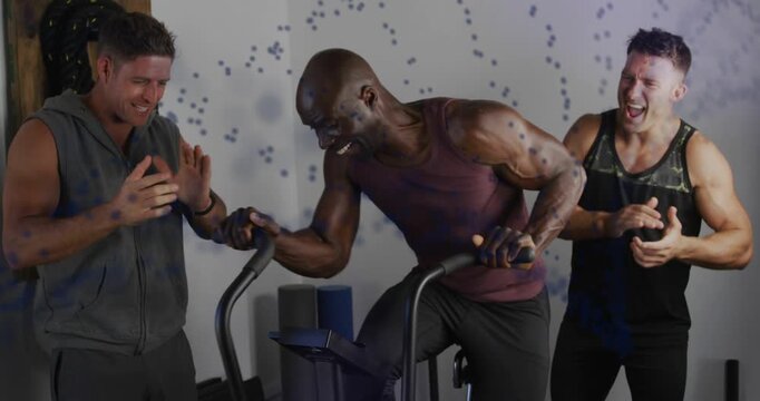 Main rider pedaling air bike, fitness partners clapping and urging, dotted spiral appearing behind