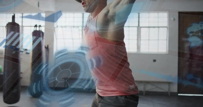 Male lifter bracing and driving barbell overhead in gym for strength, animated blue HUD sweeping