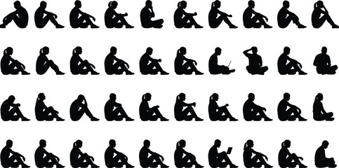 Sitting pose silhouettes, people seated, casual posture, black vector figures, diverse positions, male female icons, rest, relax, tech use