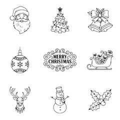 set of Christmas vector line art design, vintage, vector, christmas, set, drawing, illustration, design, tree, holiday, card, art, symbol, hand drawn, retro, collection, icon, winter, decoration
