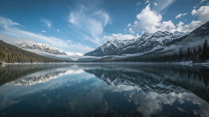 Mountain lake landscape with mountains, trees, and reflections on water under a partly cloudy sky.