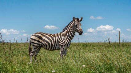 Obraz premium Zebra standing in a grassy field under a blue sky with scattered clouds.