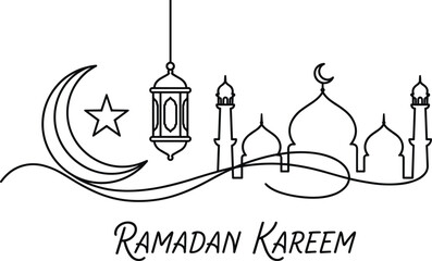 Ramadan Kareem line art with crescent moon, lantern, mosque domes and minarets, Islamic festive illustration, spiritual design © Aiyan