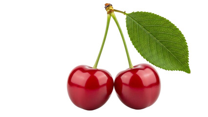 Two ripe red cherries with green stems and a single green leaf against a black background