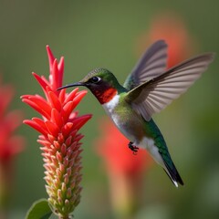 Naklejka premium Hummingbird in flight perched on a flower in nature