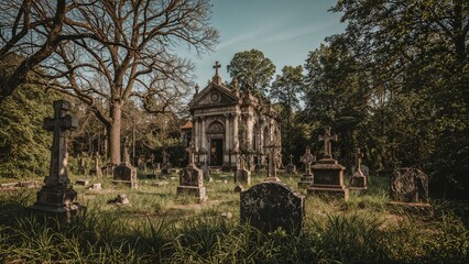 An old cemetery with graves, tombstones, and a church or mausoleum in a wooded area.