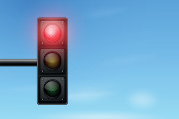 Red Traffic Light on Blue Sky, Vector Illustration. 3d Realistic Traffic Light Red Signal. Traffic Light Illustration, Stop Sign. City Street Background, Pedestrian Crossing and Driving Concept
