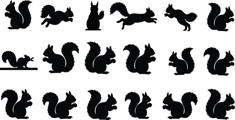 Naklejka premium PrintSquirrel silhouette collection, black squirrel poses, wildlife vector set, animal clipart, jumping squirrel, crouching squirrel, nature illustration bundle