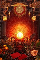 Obraz premium Chinese New Year still life with glowing red lantern, hongbao red envelopes and lucky coins, festive red-and-gold decor and florals, traditional Asian celebration background.