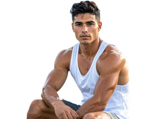 Young Man Sitting with Elbows on Knees, Casual Expression