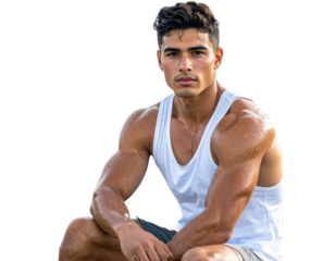 Young Man Sitting with Elbows on Knees, Casual Expression