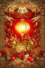 Fototapeta premium Chinese New Year still life with glowing red lantern, hongbao red envelopes and lucky coins, festive red-and-gold decor and florals, traditional Asian celebration background.