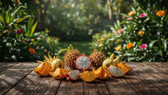 Fresh dragon fruit and assorted fruits arranged on a wooden surface in an outdoor garden setting.